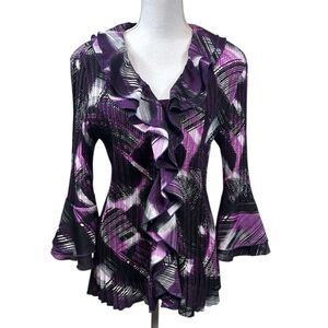 Vintage Y2K Geometric Ruffled Accordion Style Blouse Bell Sleeves Size Large